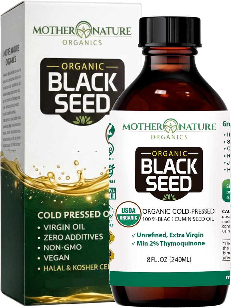 Mother Nature USDA Organic Black Seed Oil, High TQ 2%, Cold Pressed, Unrefined Nigella Sativa, Omega 3 6 9 for Immune, Joint & Heart Support, Hair & Skin, Non-GMO, Glass Bottle (8oz) 2