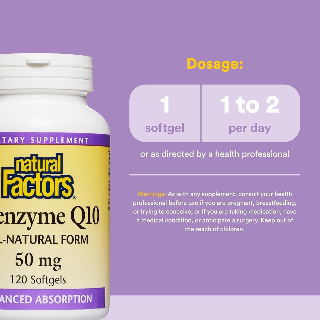 Natural Factors, Coenzyme Q10 50mg, CoQ10 Supplement for Energy, Heart and Antioxidant Support, Gluten Free, 120 softgels (120 servings) 4