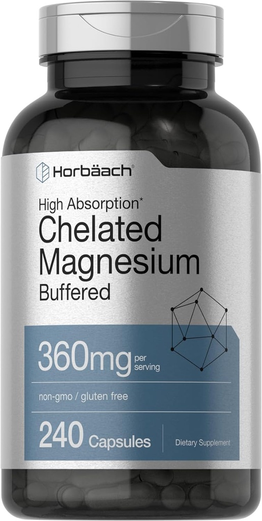 Horbäach Chelated Magnesium | 360mg | 240 Capsules | Non-GMO & Gluten Free Supplement 2