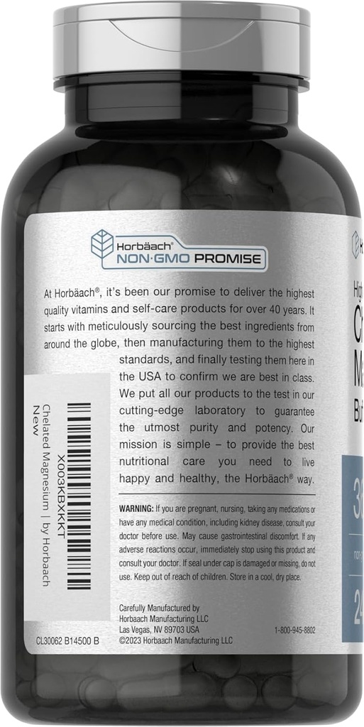 Horbäach Chelated Magnesium | 360mg | 240 Capsules | Non-GMO & Gluten Free Supplement 4