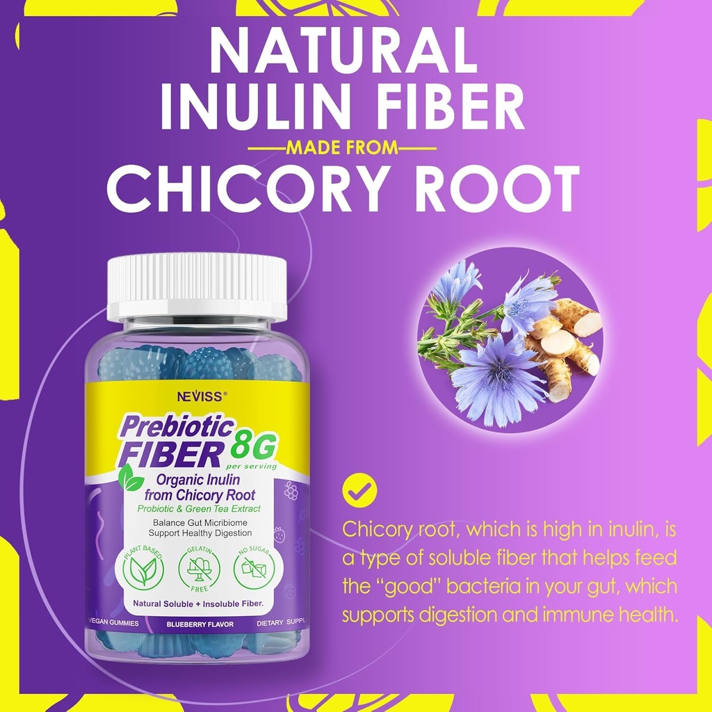 Fiber Gummies for Adults 8g (Inulin, Psyllium Husk, FOS More) with Probiotics, Green Tea Extract, Sugar Free Plant Based Fiber Supplement Blend for Digestive Health, Regularity, Non-GMO, Vegan, 120Cts 4