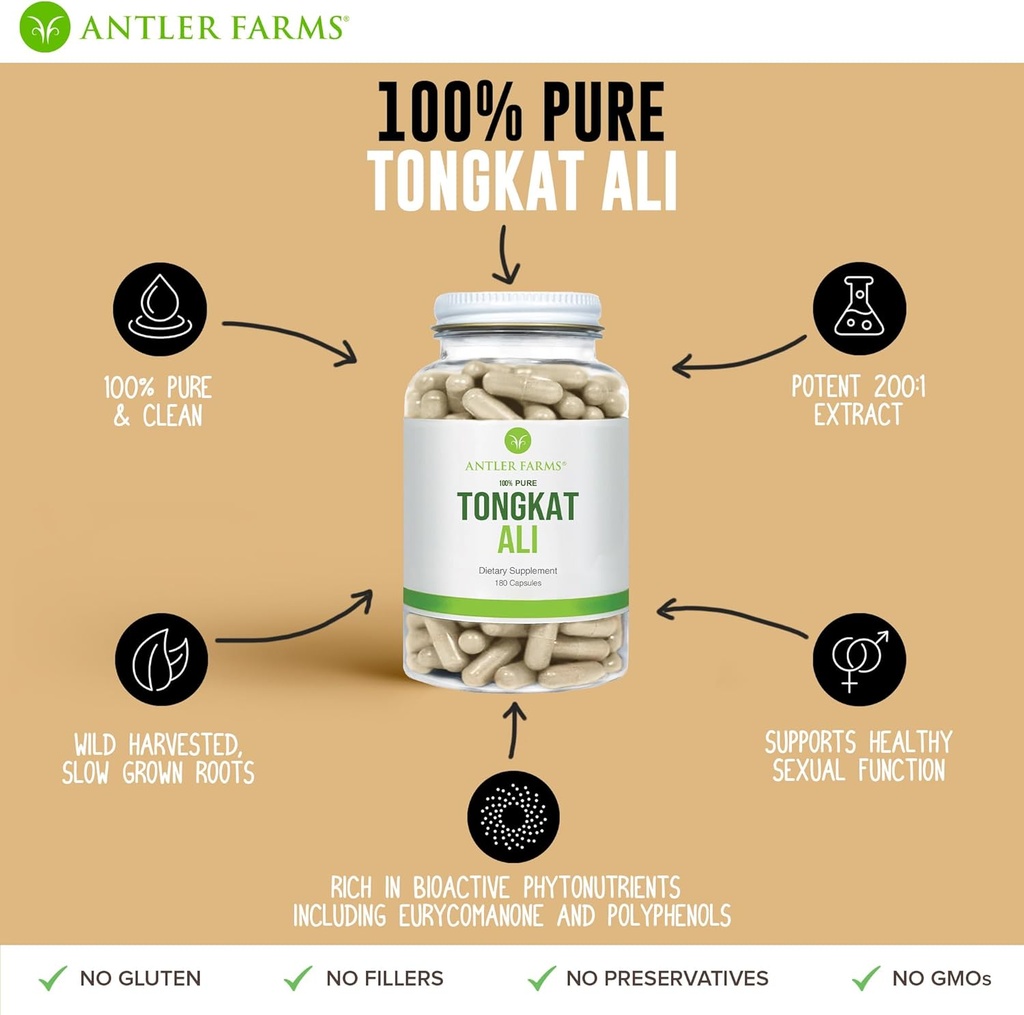 Antler Farms - 100% Pure Tongkat Ali Extract 200:1, 180 Capsules, 500mg - Eurycoma Longifolia Slow Grown Aged Roots from Indonesia – Men’s Health Support, Vegan, Gluten, Soy and Dairy Free 5
