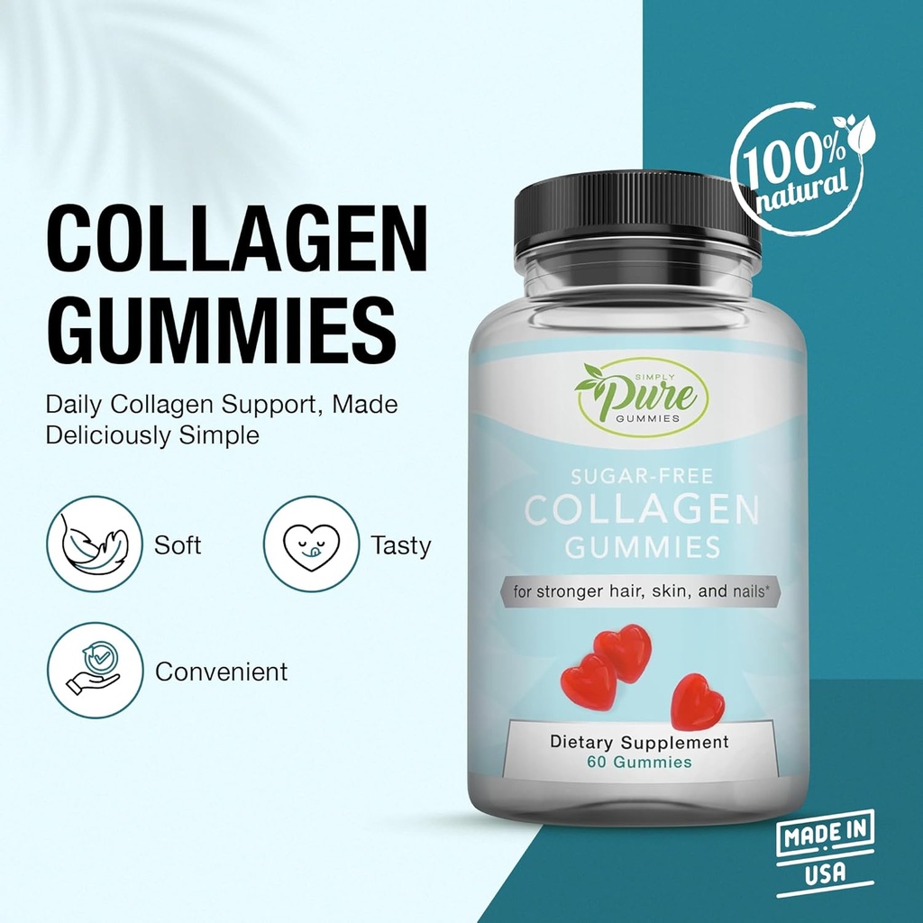 Pure By Nature Collagen Gummies for Women & Men, Sugar-Free Collagen Gummy for Natural Collagen Production, Hair, Skin & Nails Support, Pectin Supplements Chews (60 Count) 3