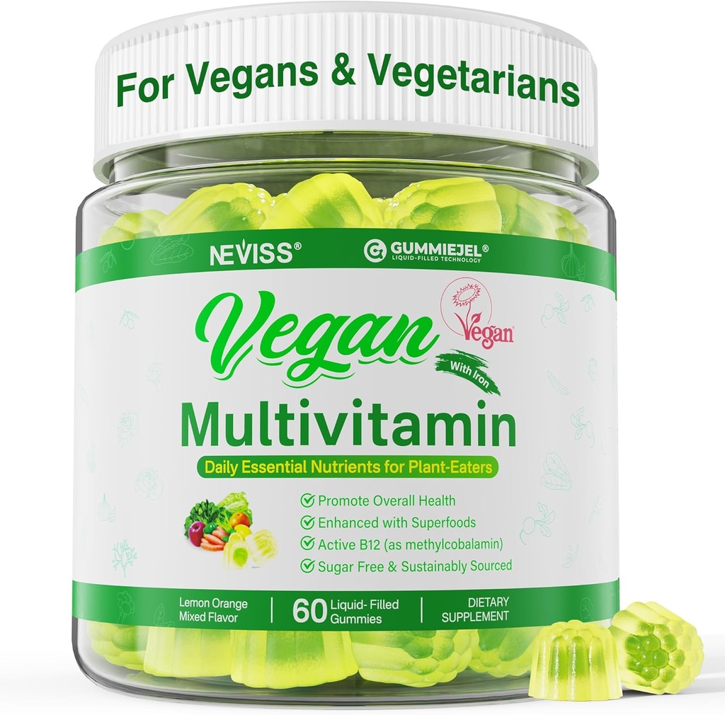 NEVISS Vegan Multivitamin for Women & Men w/Methyl B12, D3 K2, Plant Based Omega 3 (DHA+EPA), Iron, Choline, Zinc, Whole Food Daily Vitamins Gummies for Vegans & Vegetarians, Sugar Free, 60Cts 2