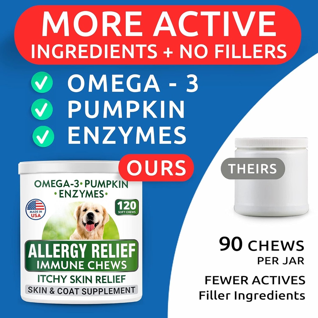 Allergy Relief Dog Treats + Dog Probiotics Chews Bundle - Omega 3 + Pumpkin + Enzymes for Itchy Skin Relief + Digestive Enzymes + Prebiotics for Gas, Diarrhea, Constipation, Upset Stomach Relief 5