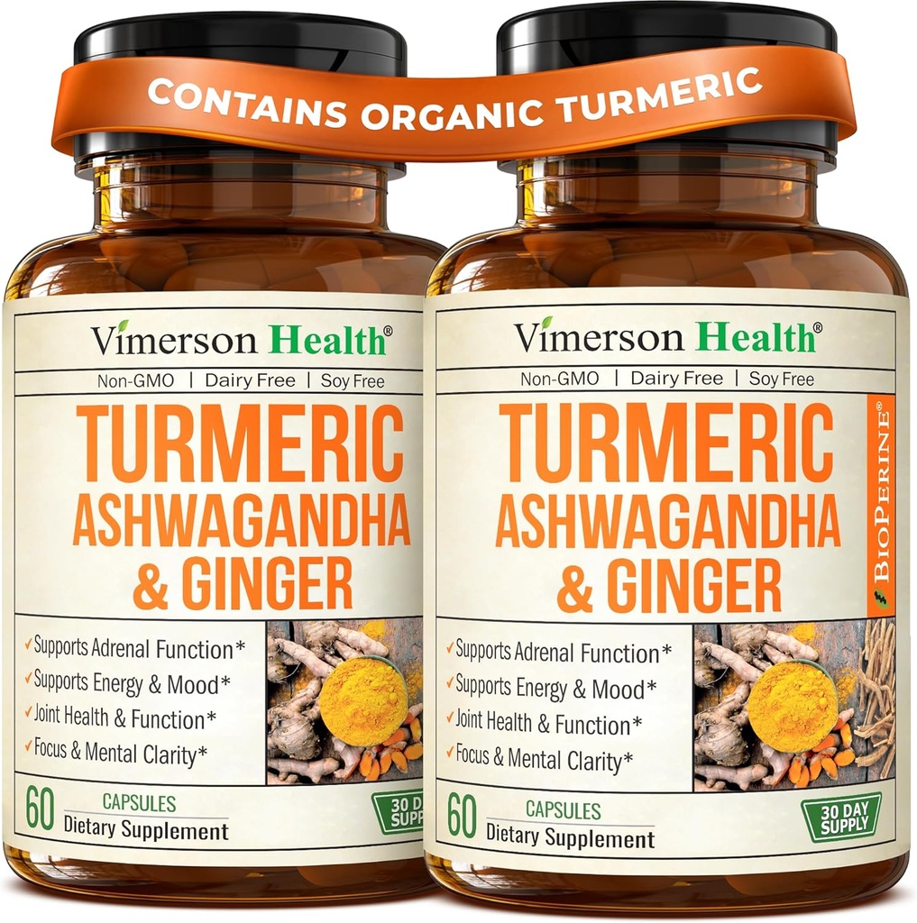 Ashwagandha Turmeric Curcumin Supplement with Ginger - Organic Turmeric Supplement, Curcumin with Black Pepper (95% Curcuminoids), Ginger Root for Joint Health, Energy & Immune Support. 2 Pack 2