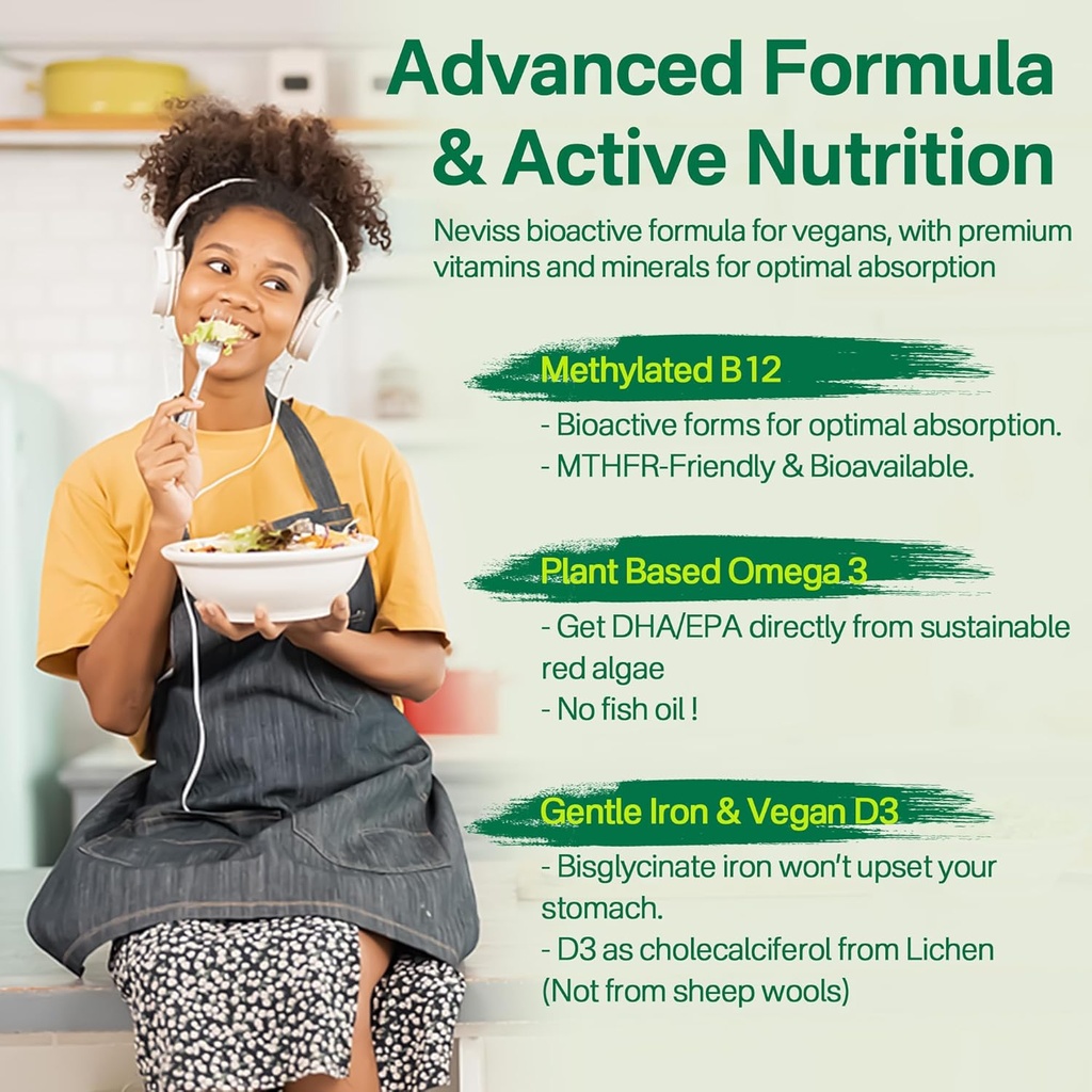 NEVISS Vegan Multivitamin for Women & Men w/Methyl B12, D3 K2, Plant Based Omega 3 (DHA+EPA), Iron, Choline, Zinc, Whole Food Daily Vitamins Gummies for Vegans & Vegetarians, Sugar Free, 60Cts 5