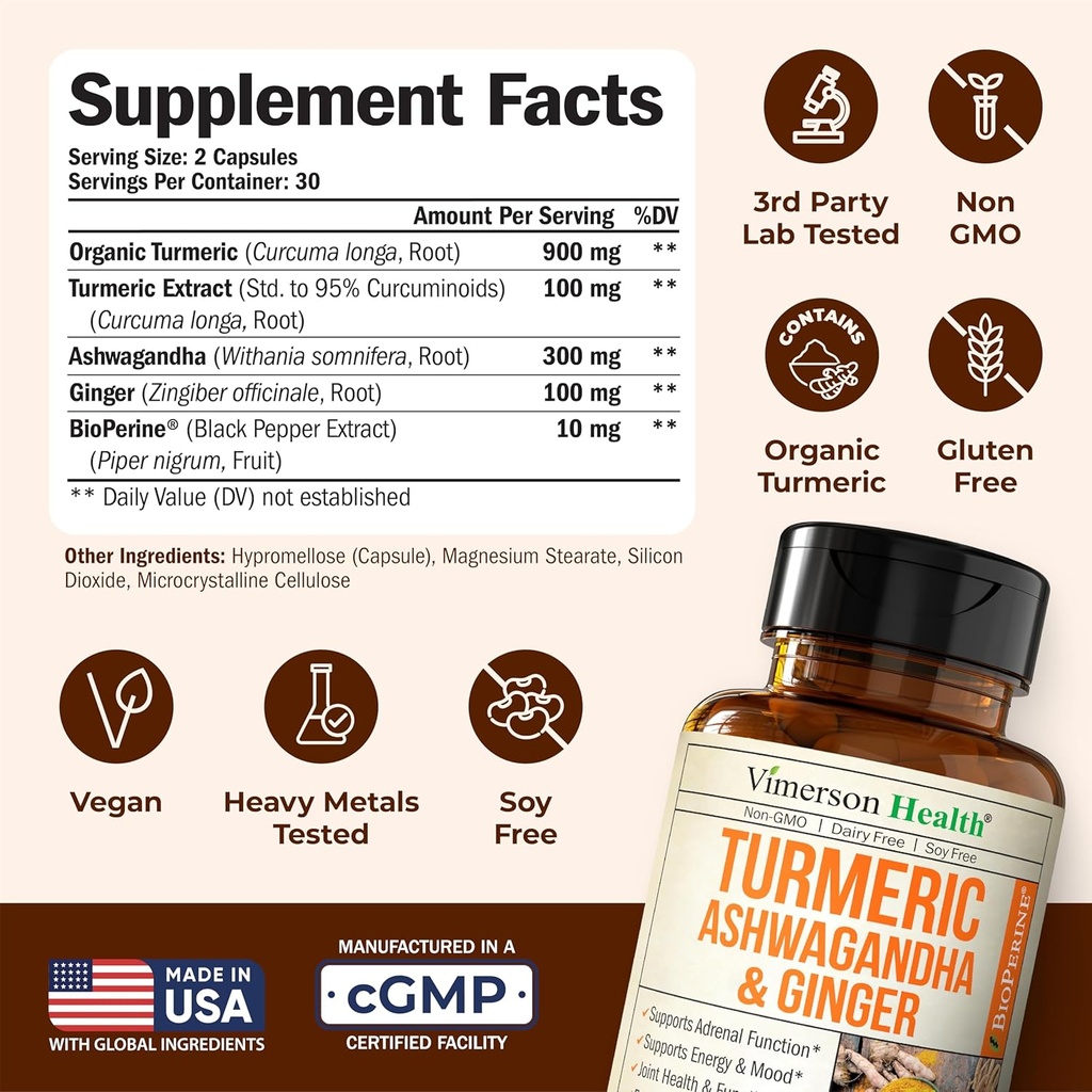 Ashwagandha Turmeric Curcumin Supplement with Ginger - Organic Turmeric Supplement, Curcumin with Black Pepper (95% Curcuminoids), Ginger Root for Joint Health, Energy & Immune Support. 2 Pack 4