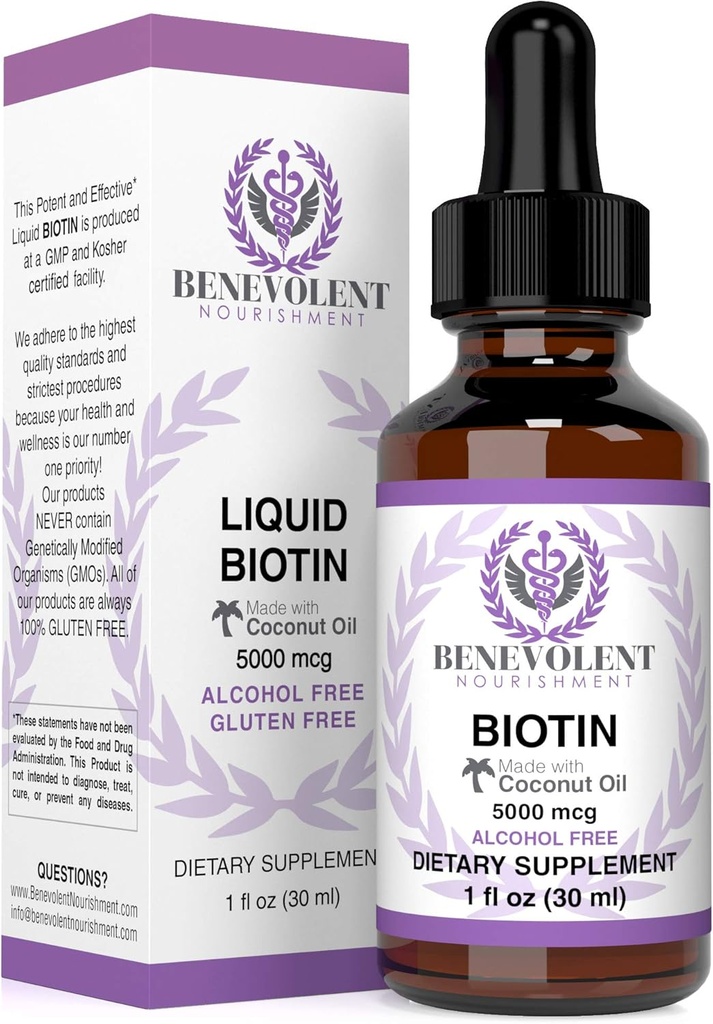 Benevolent Liquid Biotin 5000 mcg - Infused with Coconut Oil for 5X Absorption, Non-GMO & Vegan Friendly Biotin for Hair Growth Glowing Skin and Strong Nails, Hair Growth Products, Biotin Supplement 2