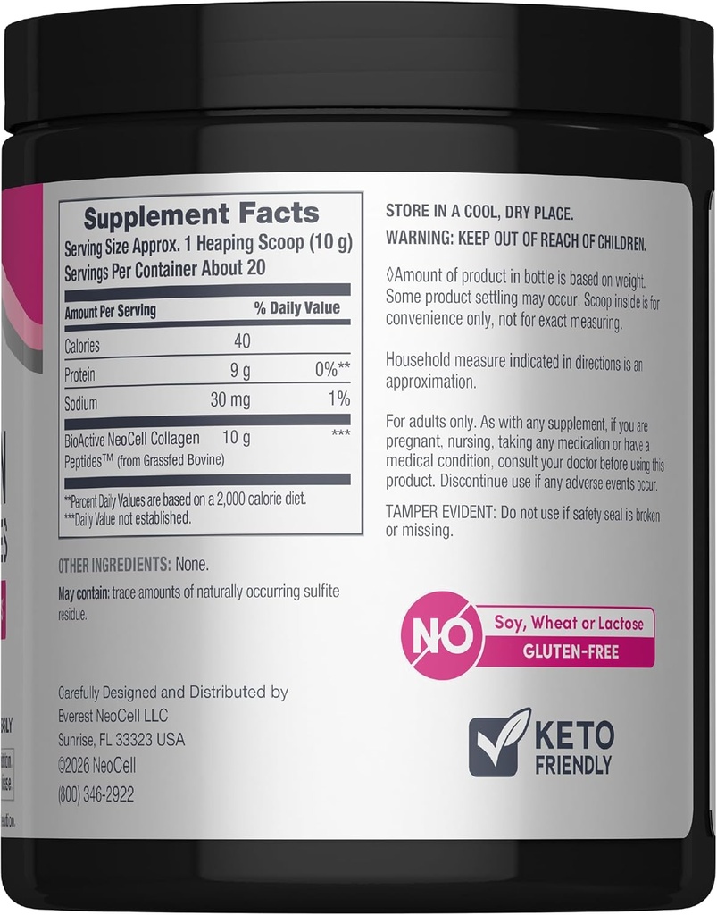 NeoCell Super Collagen Peptides, 10g Collagen Peptides per Serving, Gluten Free, Keto Friendly, Non-GMO, Grass Fed, Healthy Hair, Skin, Nails and Joints, Unflavored Powder, 7 oz., 1 Canister 3