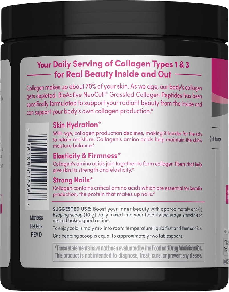 NeoCell Super Collagen Peptides, 10g Collagen Peptides per Serving, Gluten Free, Keto Friendly, Non-GMO, Grass Fed, Healthy Hair, Skin, Nails and Joints, Unflavored Powder, 7 oz., 1 Canister 4