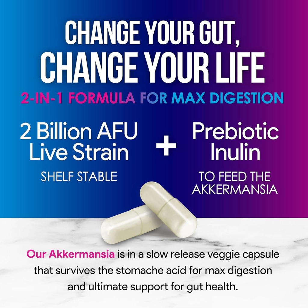 Akkermansia Probiotic Supplement - 2 Billion AFU GLP-1 Supplement with Prebiotic Fiber - Akkermansia Muciniphila GLP-1 Probiotics for Women & Men - Digestive, Gut & Immune Support - 120 Capsules 4