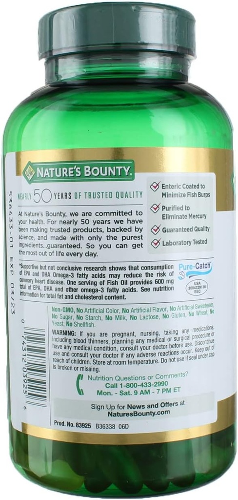 Nature's Bounty Fish Oil 1000 mg Omega-3, 220 Odorless Softgels (Pack of 3) 5