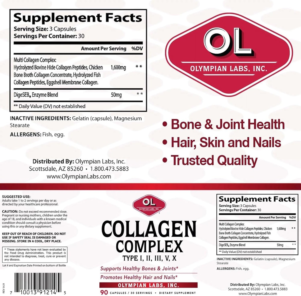 Olympian Labs Multi Collagen Complex Type I, II, III, V, X, Hair, Nails, Joint, Gut Health, 90 Caps, 30-Day Supply 3