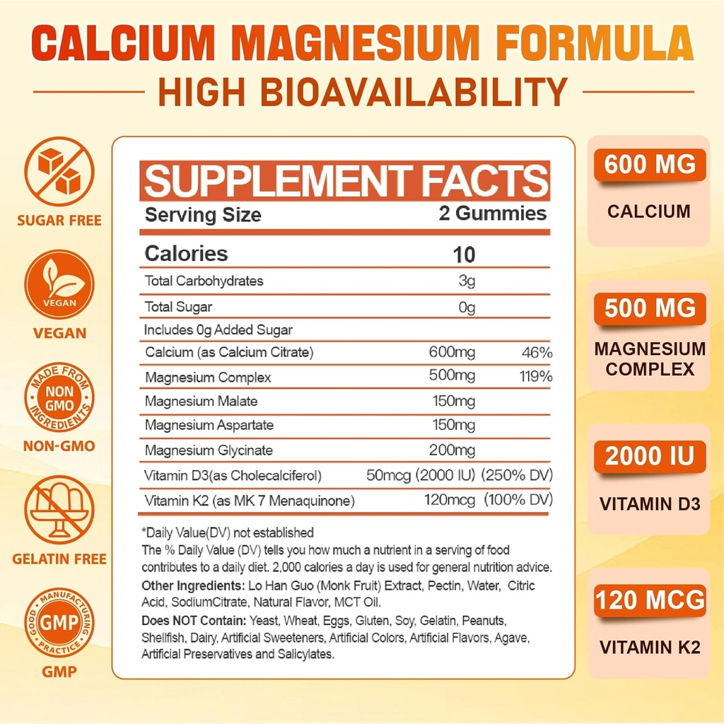 Calcium Magnesium Supplement Gummies for Adults: Calcium Citrate 600 mg with Vitamin D3 & K2 for Women Men - Supports B0ne Strength, Better Zzz, Muscles, Energy & Immune (60 Count) 3