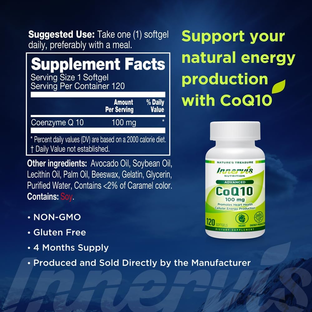 CoQ10 100mg – Heart & Energy Support with Powerful Antioxidant, 120 Softgels, Easy-to-Swallow | Innervis Nutrition 3