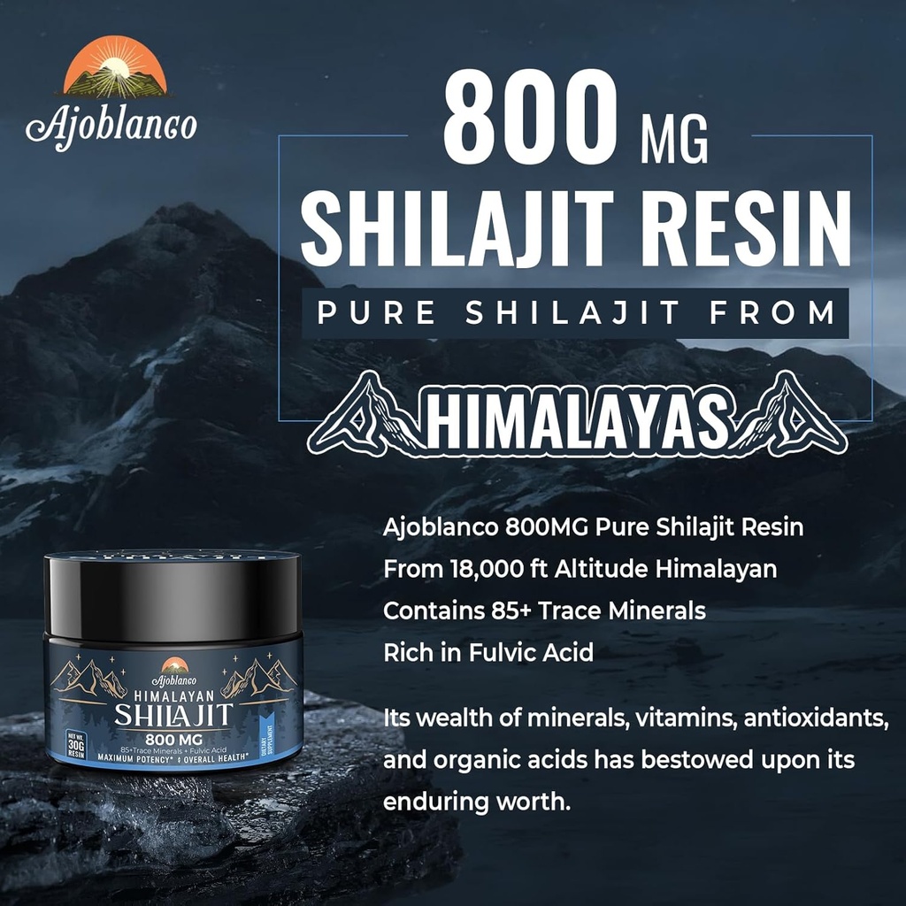 Ajoblanco 800 Mg Himalayan Shilajit Resin, Shilajit Pure Himalayan Organic, Shilajit Supplement with Purity, High Dosage & Potency for Energy, Strength & Immunity, Men & Women, 30 Grams 5