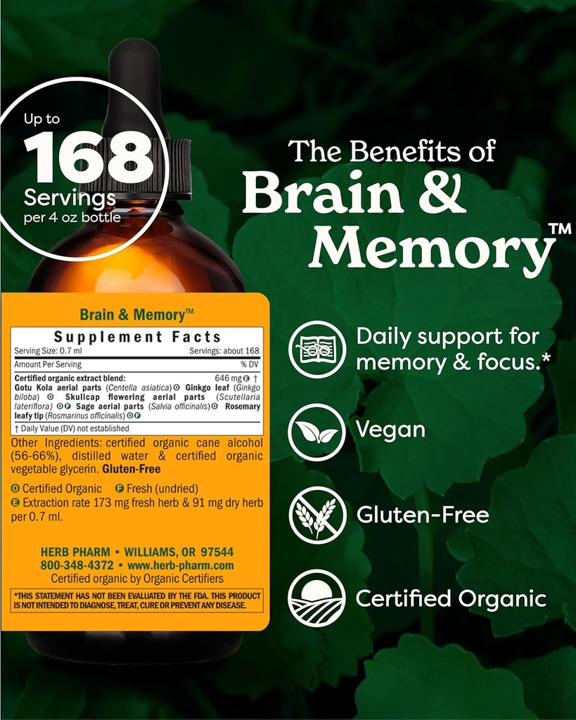 Herb Pharm Brain and Memory Liquid Herbal Formula with Ginkgo for Memory and Concentration, 4 Fl Oz 3