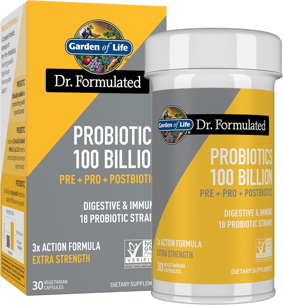Garden of Life Dr Formulated Once Daily 3-in-1 Complete Probiotics, Prebiotics & Postbiotics Supplement for Women and Men’s Digestive & Immune Health – Extra Strength, 100 Billion CFU, 30 Day Supply 2