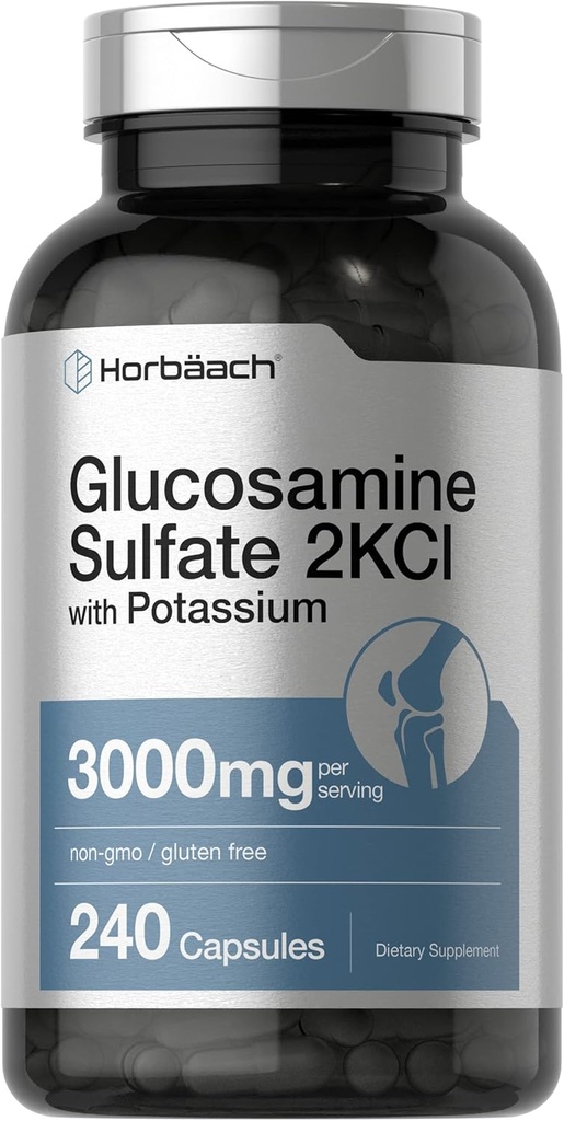 Horbäach Glucosamine Sulfate 2KCI with Potassium | 3000mg | 240 Capsules | Non-GMO and Gluten Free Supplement 2