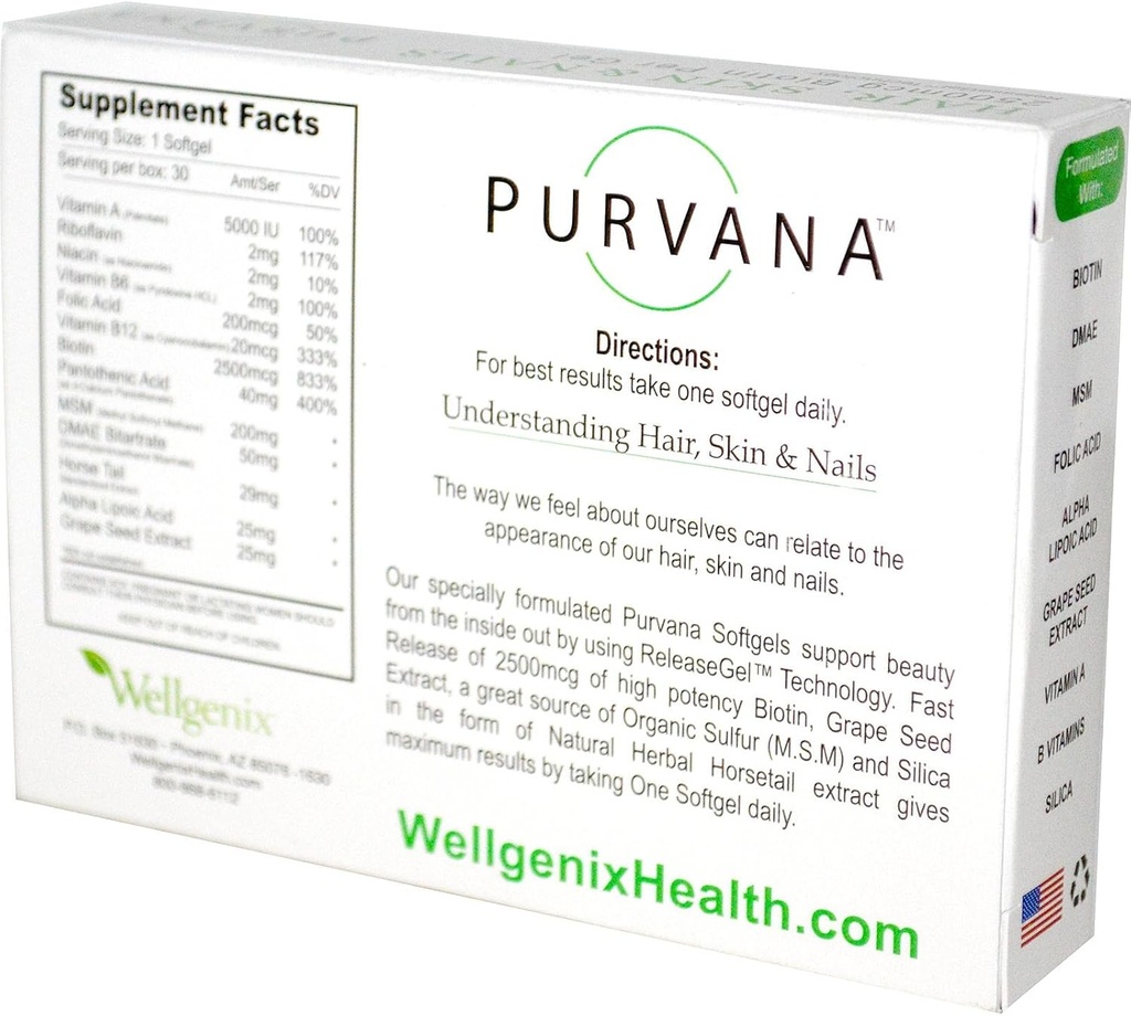 Wellgenix Purvana Hair, Skin, and Nails Vitamin Softgels for High Absorption - Double Strength 2500mcg Biotin, VIT A & B, Folic Acid, Grape Seed Extract - Herbal Supplement (30 Count) 3