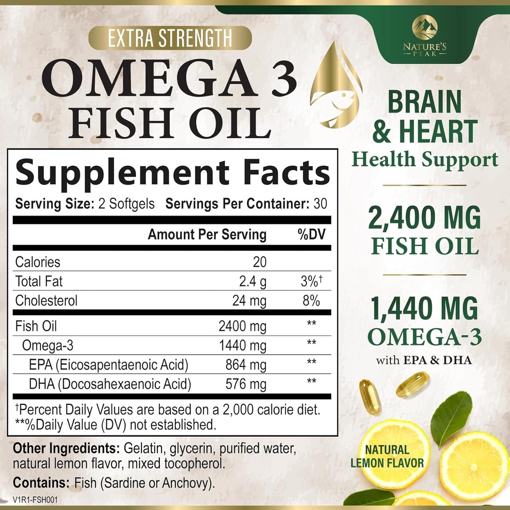 Omega 3 Fish Oil Pills 2400mg - Triple Strength Omega 3 Fish Oil Supplements - Best EPA & DHA Fatty Acids for Brain & Heart Health Support, Nature's Omega3 Supplement, 30 Day Supply - 60 Softgels 3