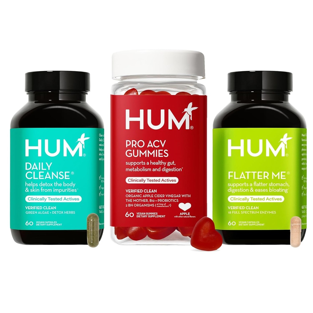 HUM Gut Health Bundle, Daily Cleanse, Flatter Me Digestive Enzymes & Pro Apple Cider Vinegar Gummies with Probiotics for Digestive Health, Probiotics, Vitamin B12, ACV, 3-Step Wellness Support Pack 2