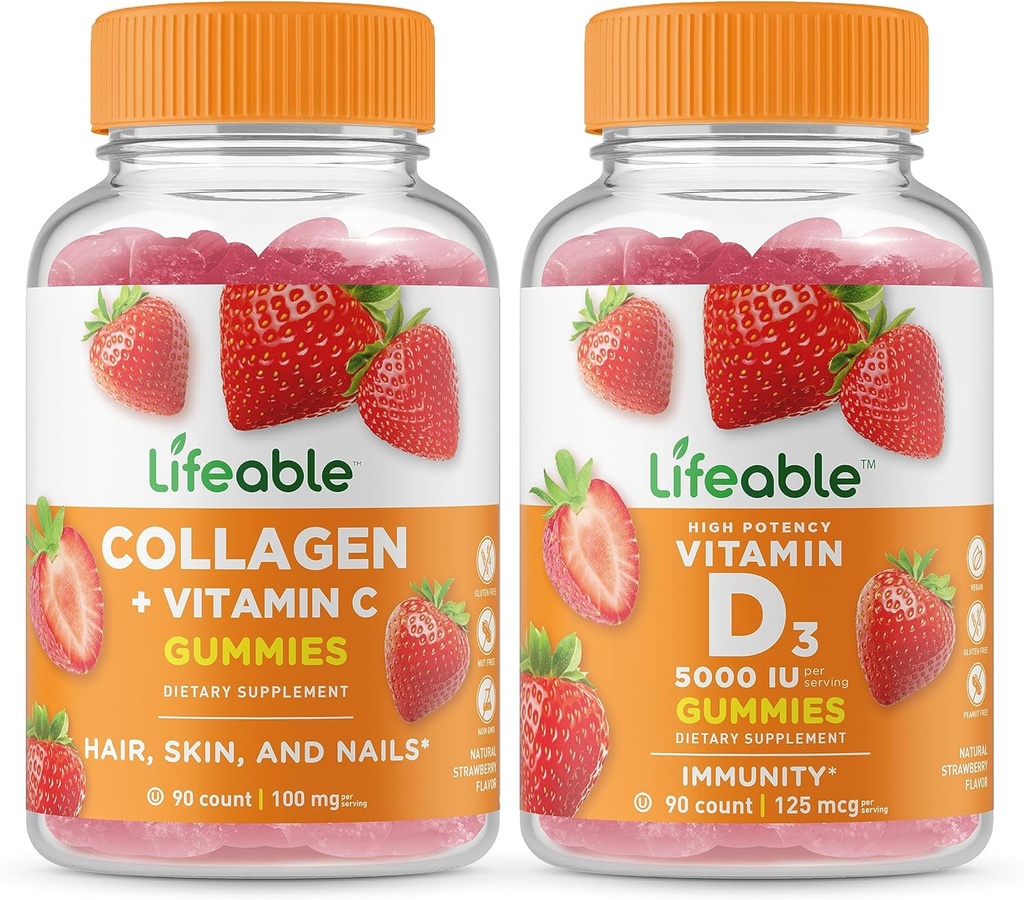 Lifeable Collagen & Vitamin C + Vitamin D 5000 IU, Gummies Bundle - Great Tasting, Vitamin Supplement, Gluten Free, GMO Free, Chewable Gummy 2