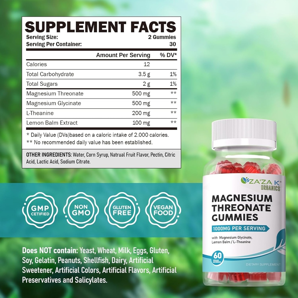 ZA'ZA K ORGANICS Magnesium Threonate Gummies, 500mg Magnesium Threonate with Glycinate, L-Theanine, Lemon Balm, Magnesium Supplement for Kids Adults, Brain Health, 60 Count 3