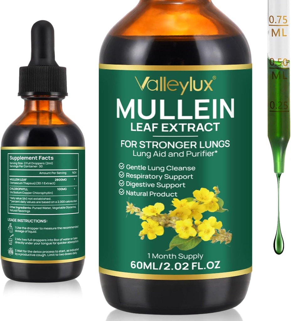 Mullein Drops for Lungs,Mullein Leaf Extract for Lungs,Natural Cleanse,Mullein Leaf Liquid Extract Supplement,Vegetarian Healthy Lifestyle,2 FL OZ 2