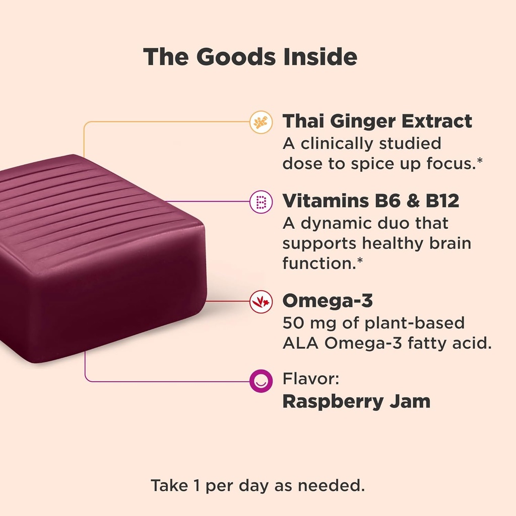 OLLY Focused Thinker Brainy Chews, Omega-3 ALA, Vitamins B6 & B12, Plus Thai Ginger Extract for Alertness, Concentration & Cognitive Performance Support, Vegetarian, Raspberry, 20 Count 3