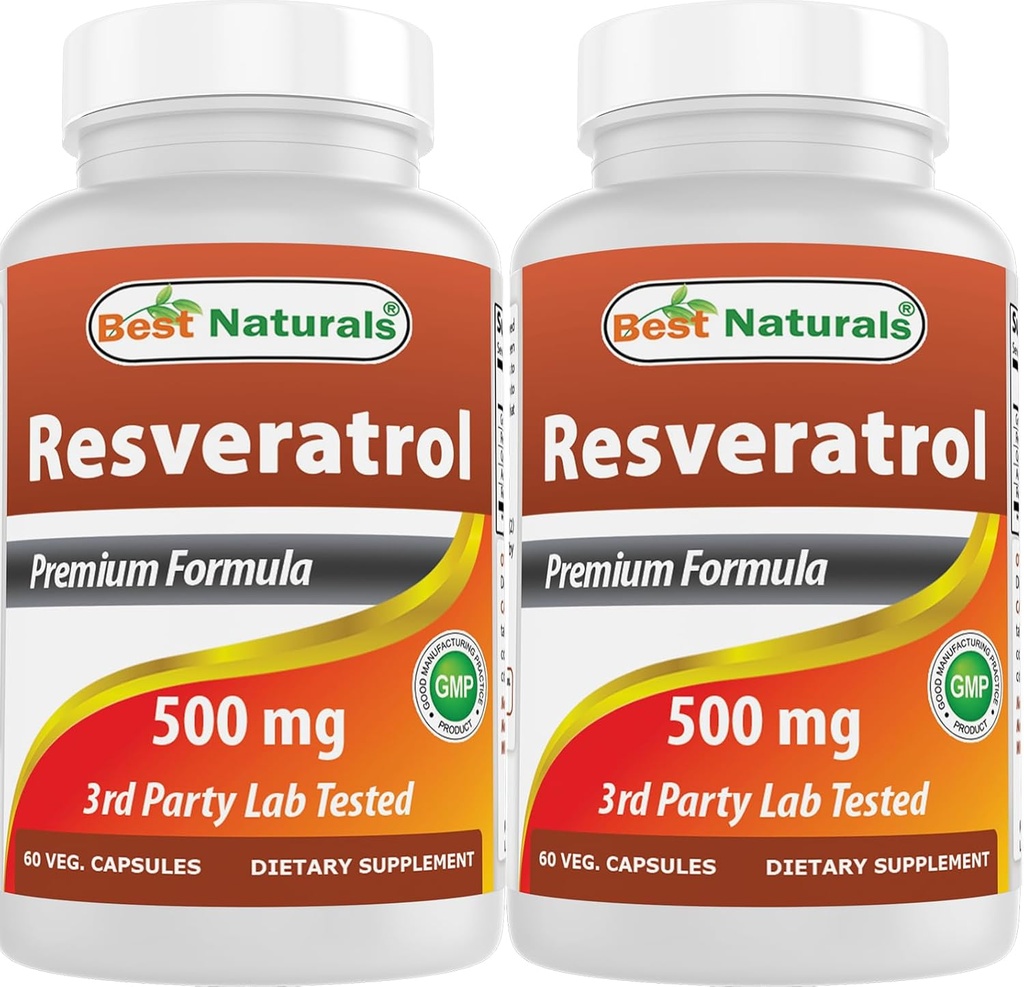 Best Naturals 2 Packs Resveratrol Complex 500 mg 60 Veg Capsules Made with Grape Skin, Red Wine, Quercetin - Gluten Free & Non GMO - (Total 120 Capsules) 2