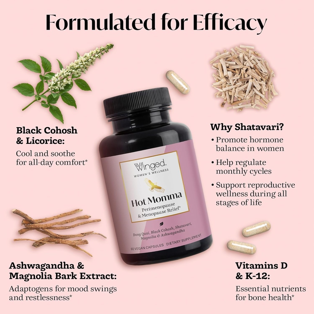 Winged Wellness Hot Momma Menopause Supplements for Women - Hormone-Free Menopause Relief Support for Hot Flashes & Night Sweats with Chaste Tree Berry, Multivitamins & More - 60 Vegan Capsules 4