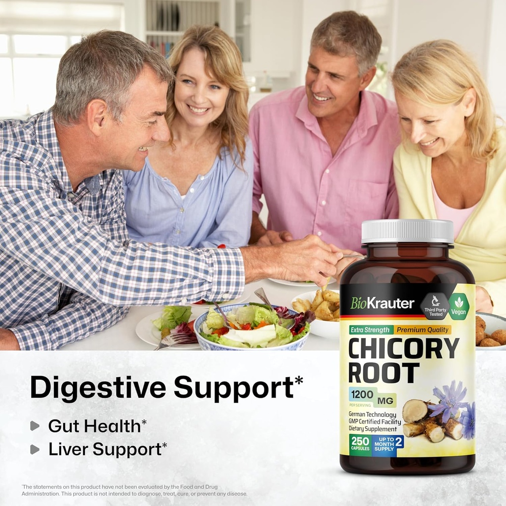 BIO KRAUTER Chicory Fiber Supplement - 1200 mg Strength - 250 Count - Chicory Root Powder - Inulin Capsules for Digestive Support - Vegan 3