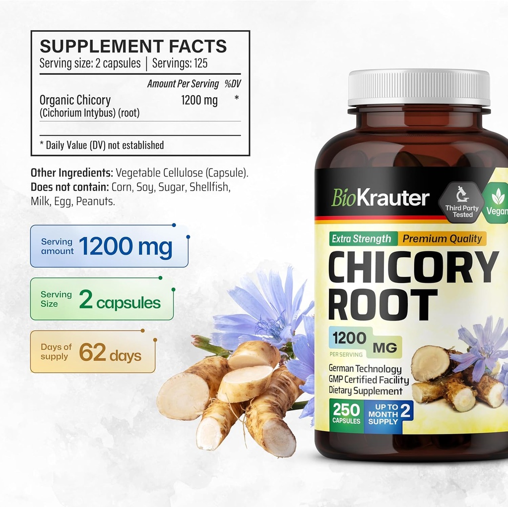 BIO KRAUTER Chicory Fiber Supplement - 1200 mg Strength - 250 Count - Chicory Root Powder - Inulin Capsules for Digestive Support - Vegan 4