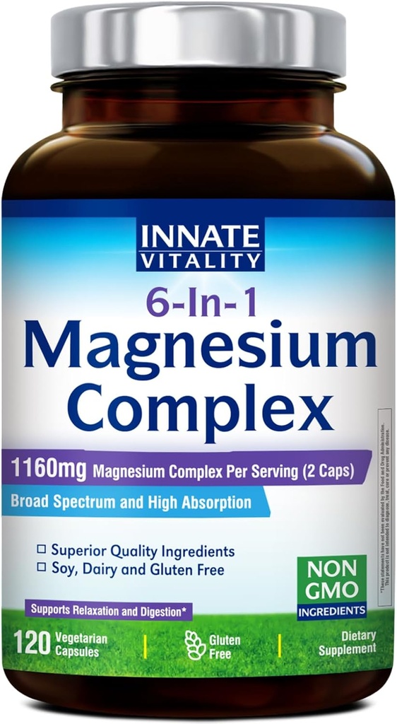 Innate Vitality Magnesium Complex 6-in-1, 1160mg Per Serving, Rest & Digestion, Magnesium Glycinate & Citrate, High Absorption, 120 Vegan Capsules 2