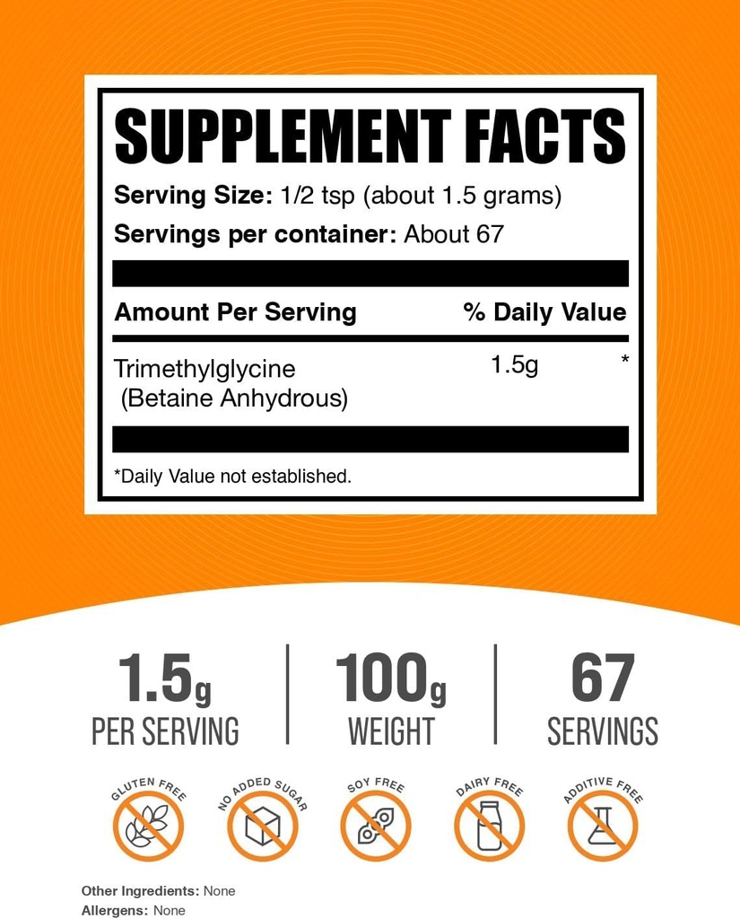 BulkSupplements.com TMG Powder - Trimethylglycine as Betaine Anhydrous, TMG Supplement - Unflavored & Gluten Free, 1.5g per Serving, 100g (3.5 oz) (Pack of 1) 3