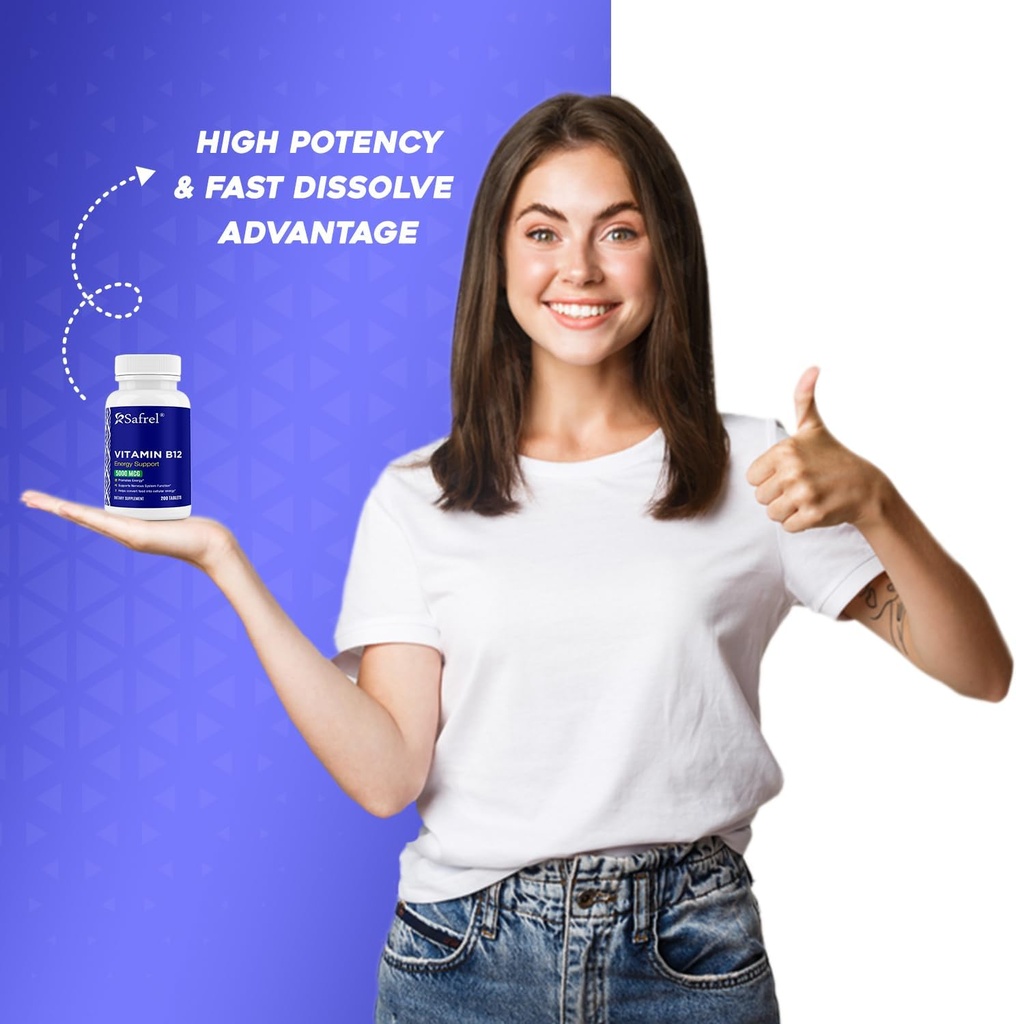 Safrel Vitamin B12 5000 mcg per Tablet, 200 Days Supply, Supplement for Energy, Metabolism and Nervous System Health Support, Vegan, Gluten Free and Dye Free | Made in USA 6