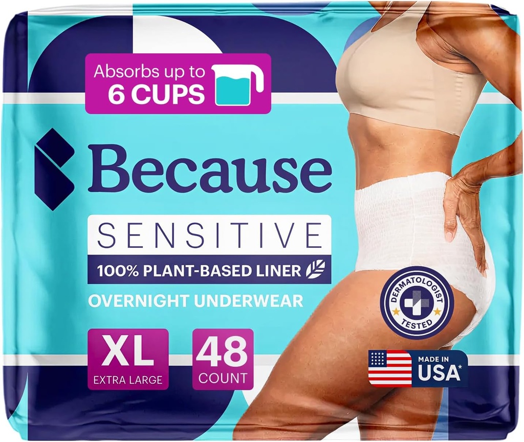 Because Adult Incontinence Underwear for Sensitive Skin - Women - Premium Overnight Disposable Briefs, Anti Odor - White, X-Large - Absorbs 6 Cups - 48 Count (4 Packs of 12) 2