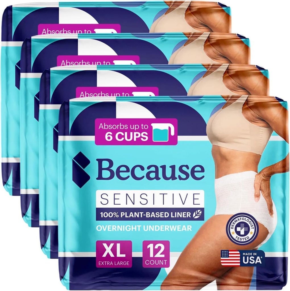 Because Adult Incontinence Underwear for Sensitive Skin - Women - Premium Overnight Disposable Briefs, Anti Odor - White, X-Large - Absorbs 6 Cups - 48 Count (4 Packs of 12) 3