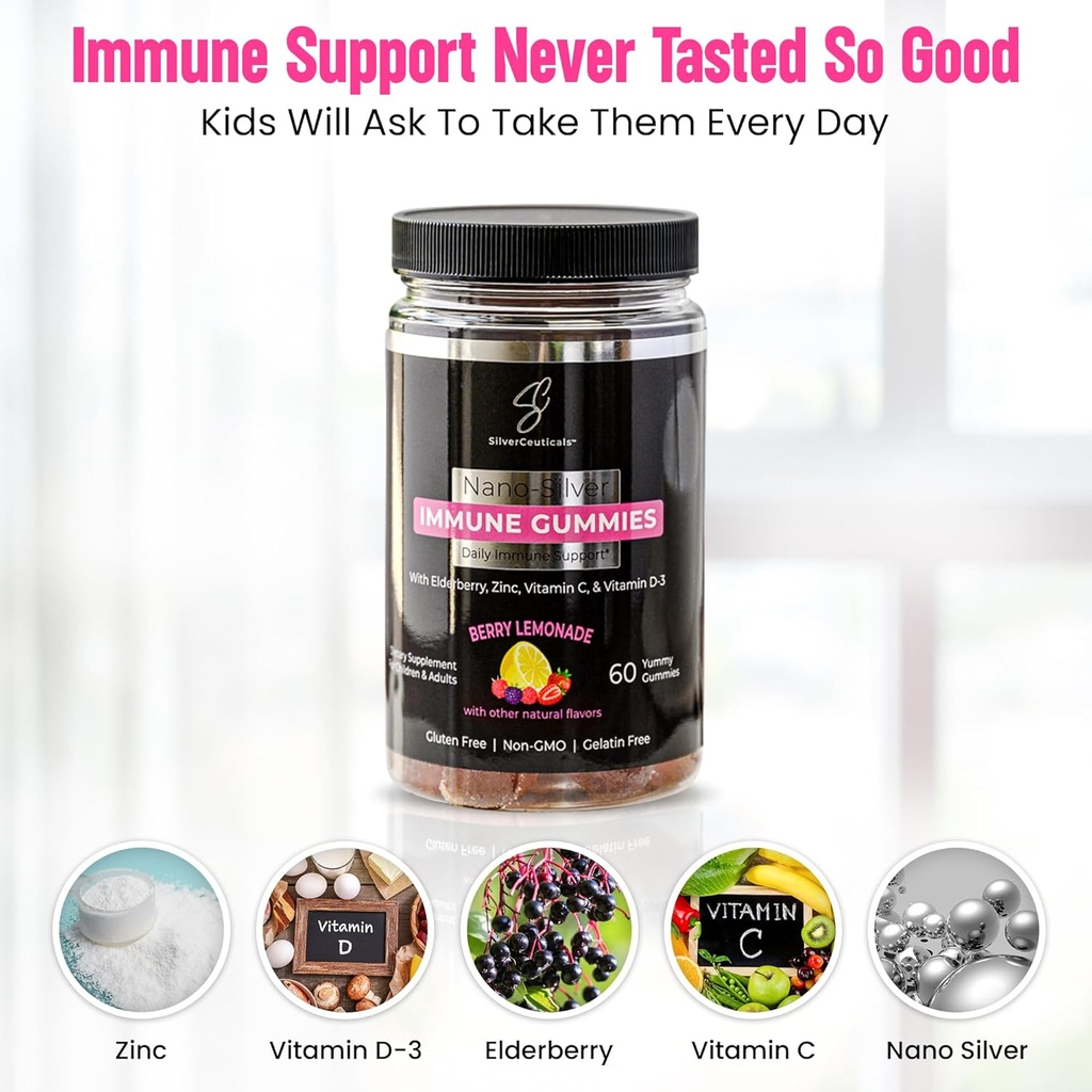 Immune Gummies - Sambucus Elderberry - Vitamin C & D - Zinc - Save Your Sick Days - Kids & Adults - Safe Ages 4 & Up - Nano Colloidal Silver - Gluten & Gelatin Free Non-GMO - Berry Lemonade - 60 Count 6