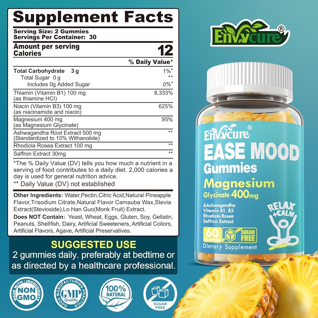 Sugar Free Magnesium Glycinate Gummies 400mg with Ashwagandha, B1, B3, Rhodiola Rosea & Saffron for Support Rest, Mood & Calm Magnesium Gummies for Adults, Chewable Magnesium Supplement, Vegan, 120Ct 3
