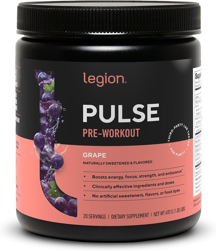 LEGION- All Natural Nitric Oxide Preworkout Drink to Boost Energy, Creatine Free, Naturally Sweetened, Beta Alanine, Citrulline, Alpha GPC (Grape) 2