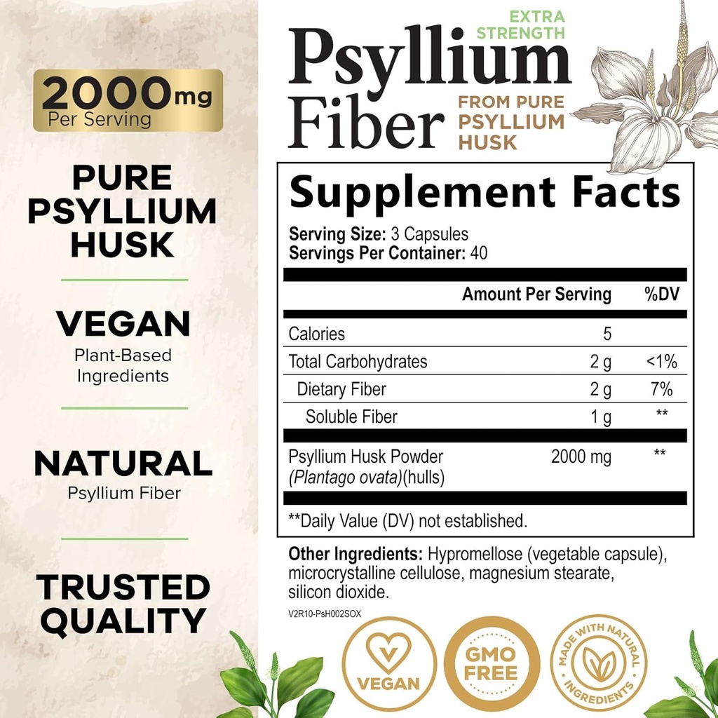 Psyllium Husk Capsules 1500 mg - Natural Fiber Supplement Pills, Daily Digestion, Colon Health, & Regularity Support, Plant Based Psyllium Husks Powder Caps, Vegan, Non-GMO - 120 Veggie Capsules 3