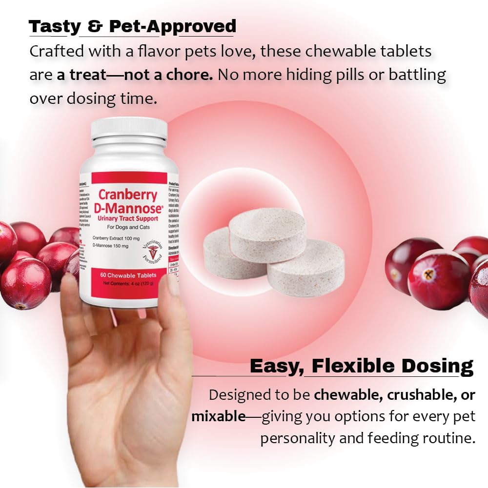 Cranberry D-Mannose Urinary Tract Supplement for Dogs & Cats – Bladder & UTI Health Support – Cranberry Extract, D-Mannose & Vitamin C–Promotes Urinary Wellness & Kidney Function – 60 Chewable Tablets 4