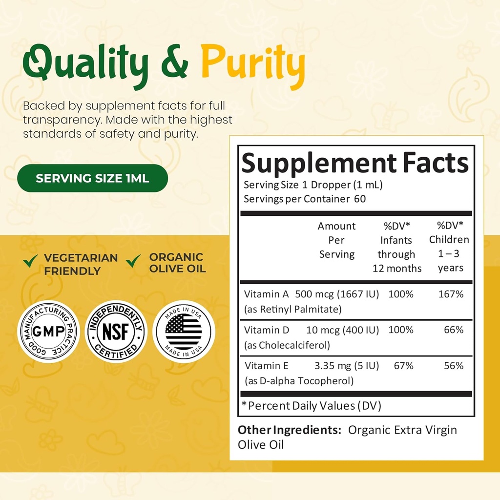 Kiddivit Baby Vitamin A&D Liquid Drops with Vitamin E – Gentle Immune & Vision Support Supplement – 60 Daily Servings, Dropper Included, Glass Bottle – Sugar Free, Gluten Free, Vegetarian, 2oz 6