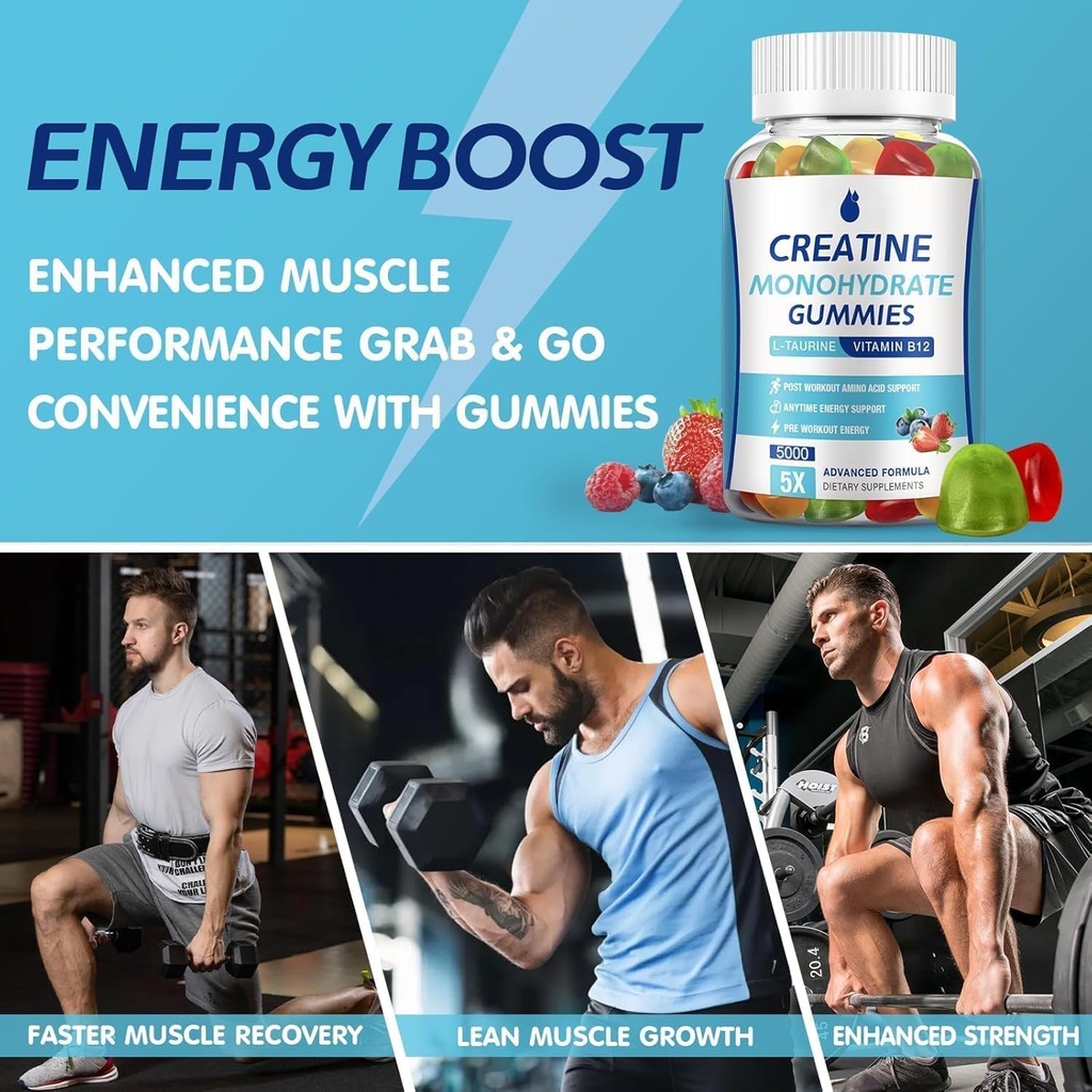 Creatine Monohydrate Gummies 5000mg Creatine for Women & Men 2 Packs, Creatine Monohydrate Chew for Boost Focus, Muscle Strength, 5g Creatine Monohydrate per Serving, Sugar Free, Vegan 5