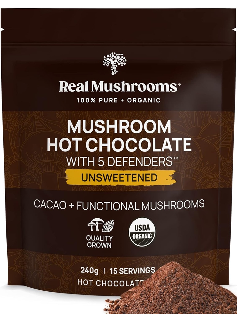 Real Mushrooms Unsweetened Hot Chocolate Mix with 5 Defenders – Reishi, Chaga, Turkey Tail, Maitake, Shiitake – Coco Powdered Unsweetened – Organic Cacao Powder Supplement, Vegan, 15 Servings 2