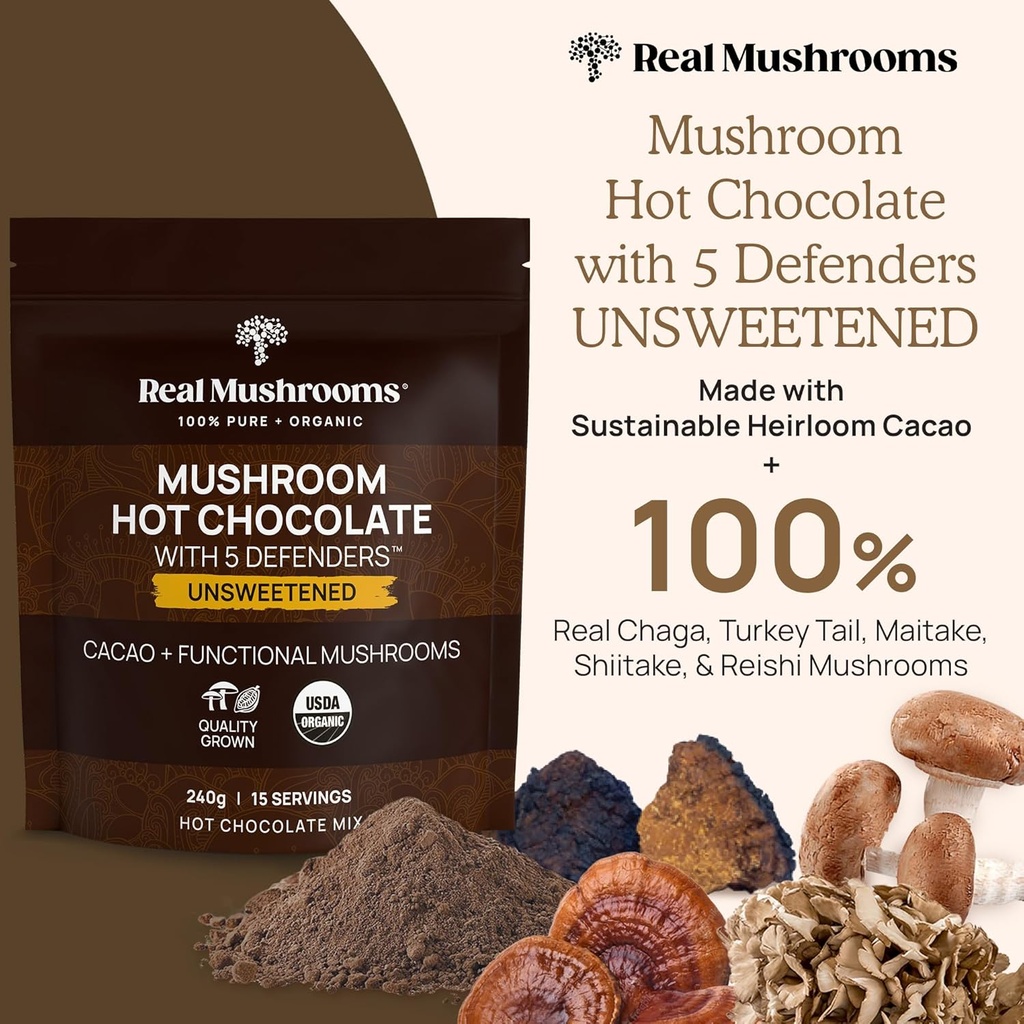 Real Mushrooms Unsweetened Hot Chocolate Mix with 5 Defenders – Reishi, Chaga, Turkey Tail, Maitake, Shiitake – Coco Powdered Unsweetened – Organic Cacao Powder Supplement, Vegan, 15 Servings 4