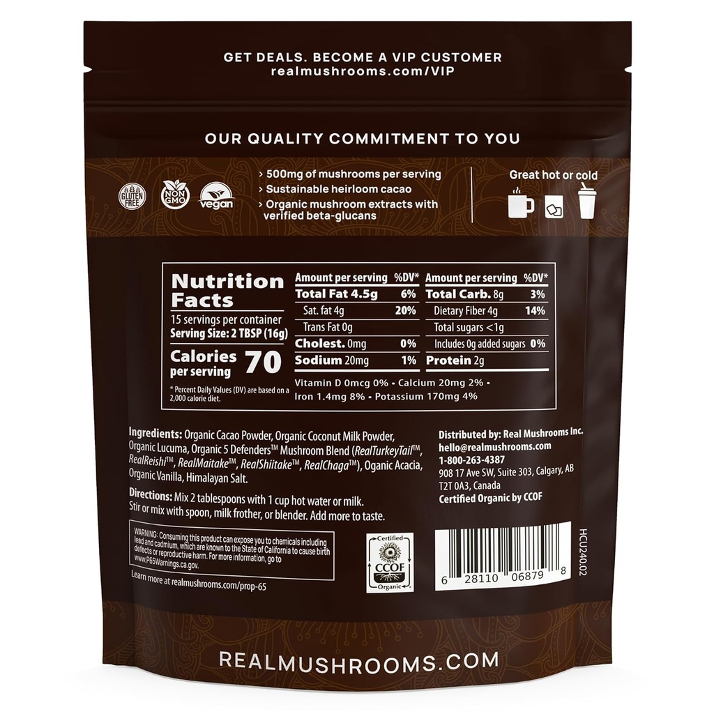 Real Mushrooms Unsweetened Hot Chocolate Mix with 5 Defenders – Reishi, Chaga, Turkey Tail, Maitake, Shiitake – Coco Powdered Unsweetened – Organic Cacao Powder Supplement, Vegan, 15 Servings 5
